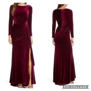 Vince Camuto velour long sleeve gown deep red